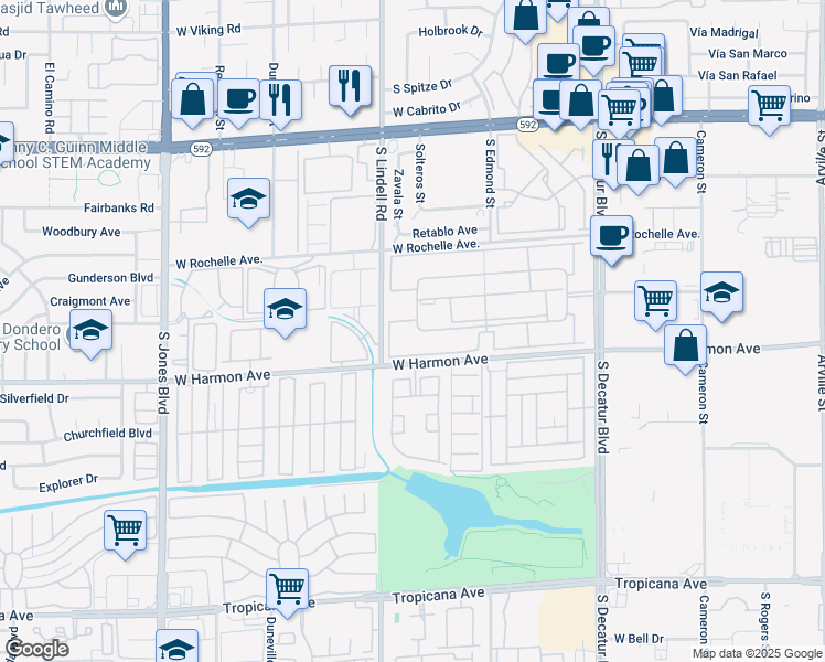 map of restaurants, bars, coffee shops, grocery stores, and more near 5340 Indian River Drive in Las Vegas