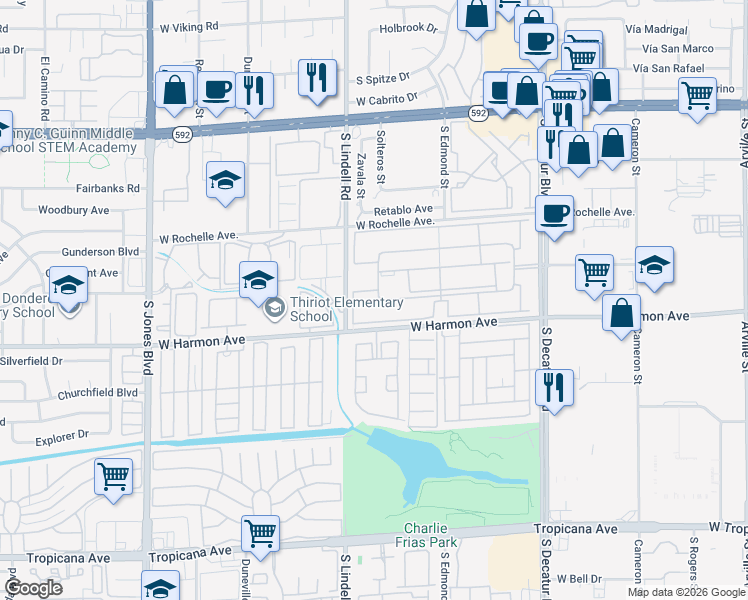 map of restaurants, bars, coffee shops, grocery stores, and more near 5405 Indian River Drive in Las Vegas