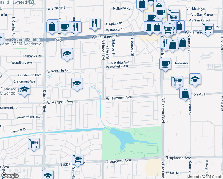 map of restaurants, bars, coffee shops, grocery stores, and more near 5405 Indian River Drive in Las Vegas
