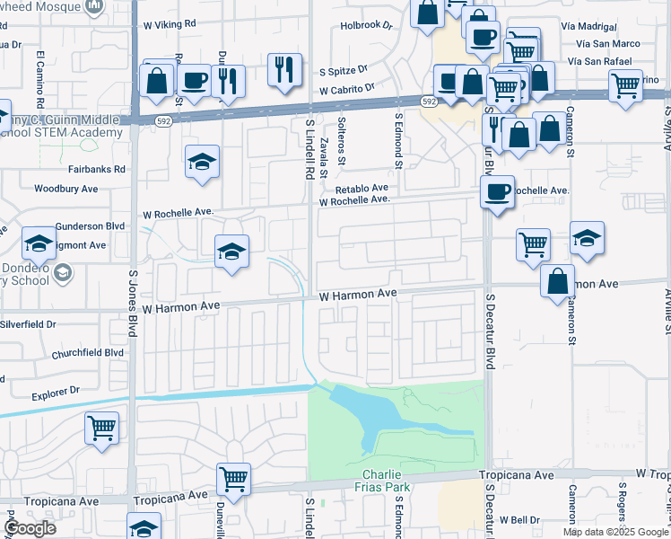 map of restaurants, bars, coffee shops, grocery stores, and more near 5340 Indian River Drive in Las Vegas