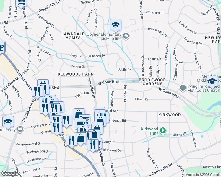 map of restaurants, bars, coffee shops, grocery stores, and more near 1911 West Cone Boulevard in Greensboro