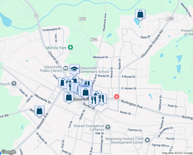 map of restaurants, bars, coffee shops, grocery stores, and more near 406 Piedmont Avenue in Gibsonville