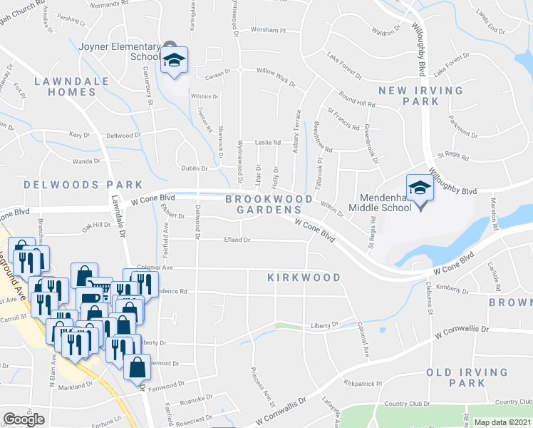 map of restaurants, bars, coffee shops, grocery stores, and more near 2700 Holly Drive in Greensboro