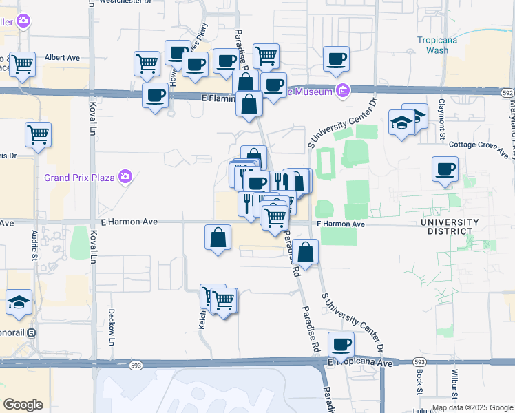map of restaurants, bars, coffee shops, grocery stores, and more near 4455 Paradise Road in Las Vegas