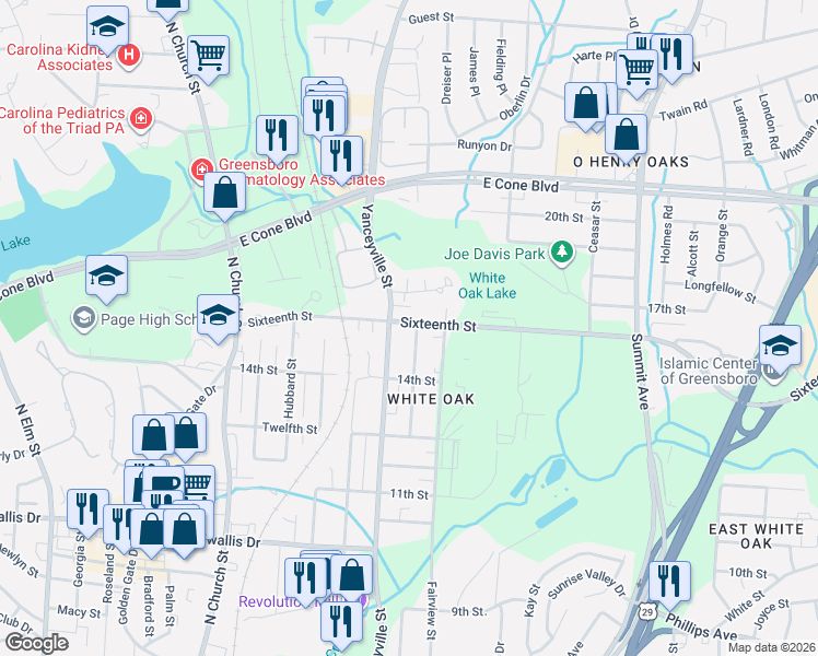 map of restaurants, bars, coffee shops, grocery stores, and more near in Greensboro