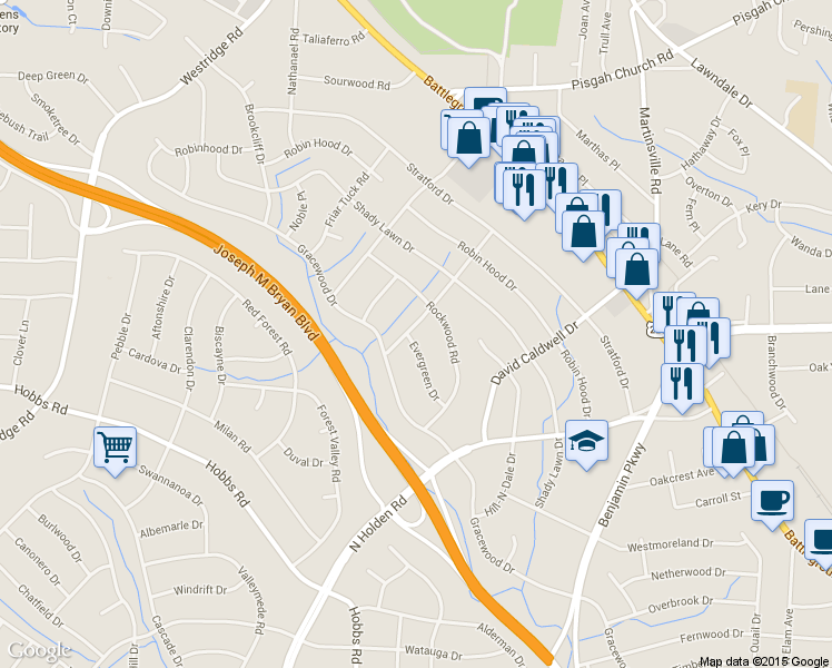 map of restaurants, bars, coffee shops, grocery stores, and more near 507 Crestwood Drive in Greensboro