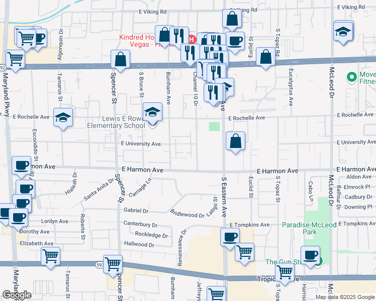 map of restaurants, bars, coffee shops, grocery stores, and more near 2220 Pine Breeze Lane in Las Vegas