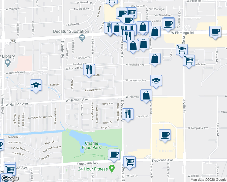 map of restaurants, bars, coffee shops, grocery stores, and more near 4410 Sandy River Drive in Las Vegas
