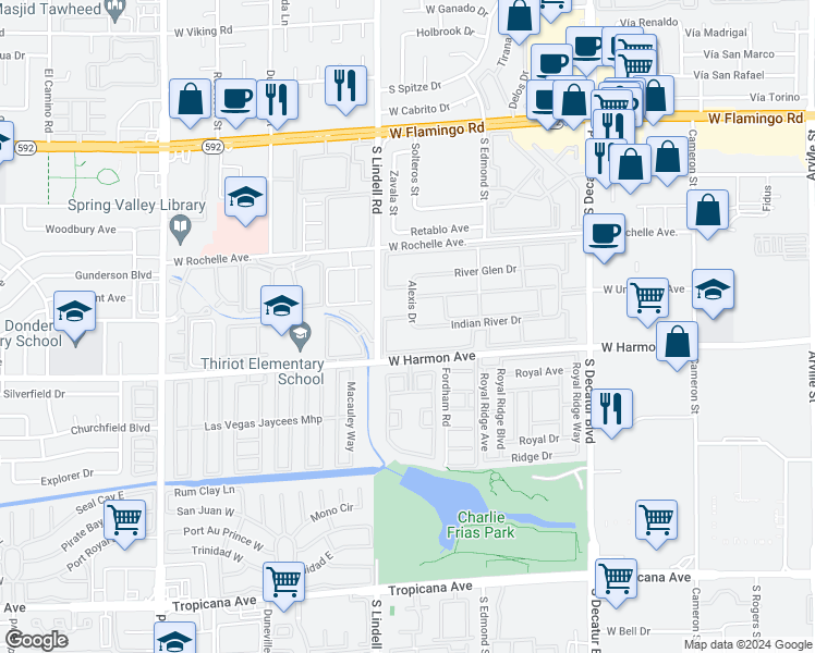 map of restaurants, bars, coffee shops, grocery stores, and more near 5340 Indian River Drive in Las Vegas