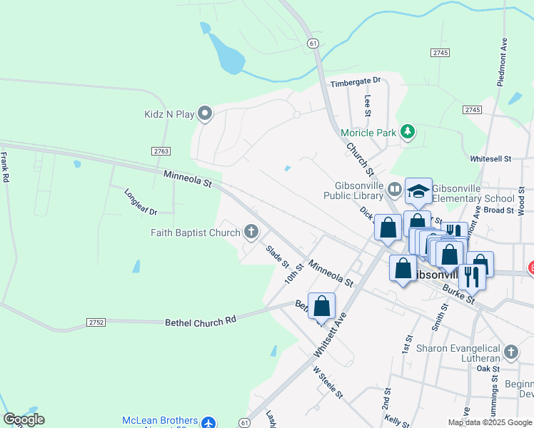 map of restaurants, bars, coffee shops, grocery stores, and more near 606 West Minneola Street in Gibsonville
