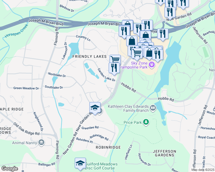 map of restaurants, bars, coffee shops, grocery stores, and more near 5405 Garden Lake Drive in Greensboro