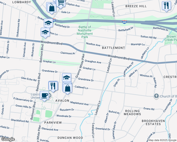 map of restaurants, bars, coffee shops, grocery stores, and more near 1106 Graybar Lane in Nashville