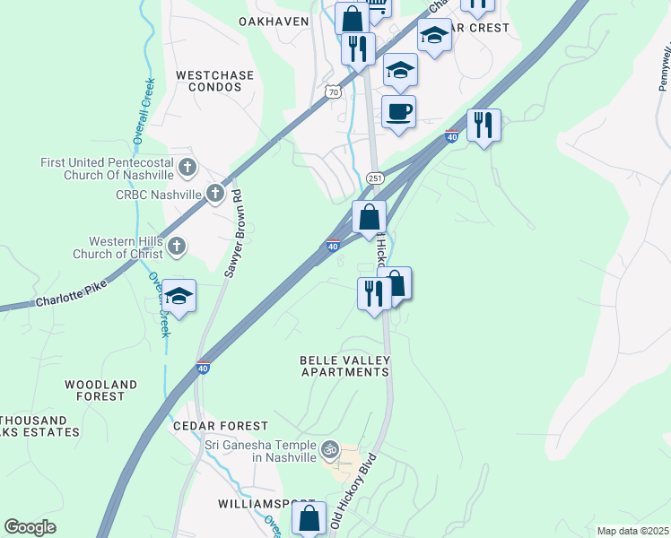 map of restaurants, bars, coffee shops, grocery stores, and more near Interstate 40 in Nashville