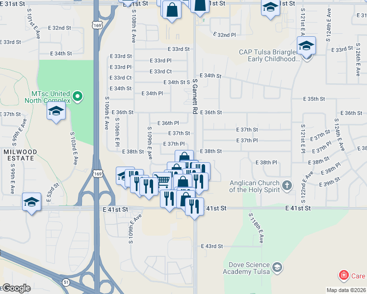 map of restaurants, bars, coffee shops, grocery stores, and more near 10980 East 37th Street in Tulsa