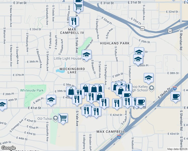 map of restaurants, bars, coffee shops, grocery stores, and more near 3735 South Braden Place in Tulsa