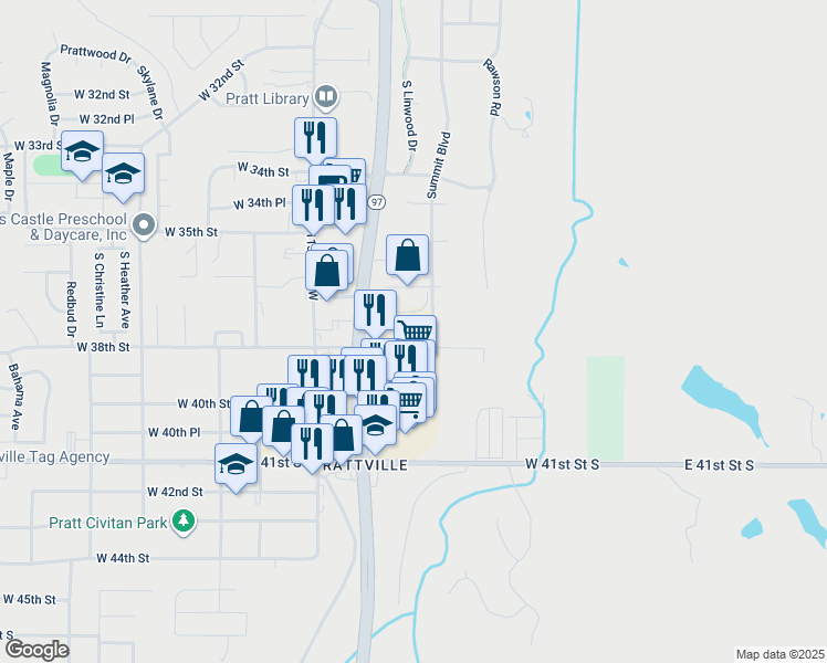 map of restaurants, bars, coffee shops, grocery stores, and more near 3510 Summit Boulevard in Sand Springs