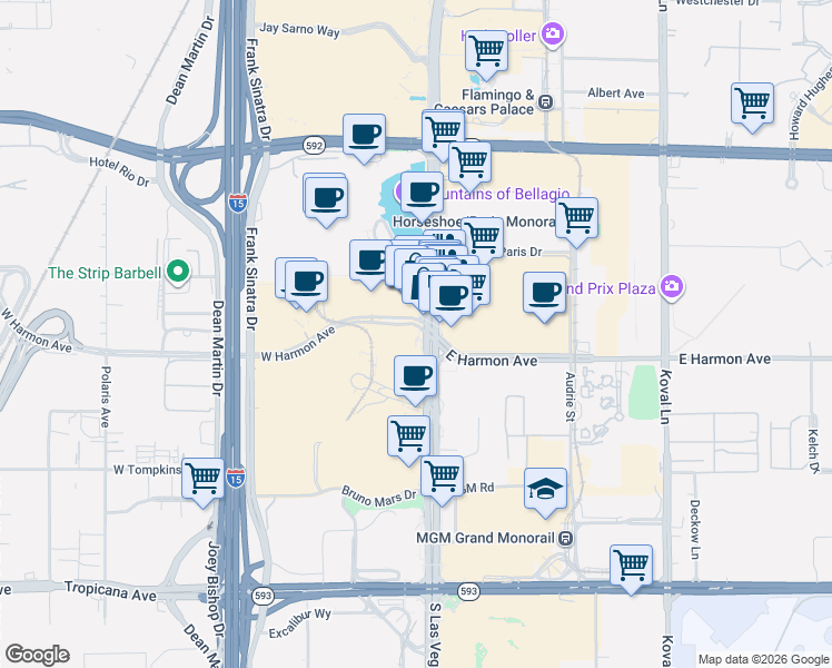 map of restaurants, bars, coffee shops, grocery stores, and more near 3720 Las Vegas Blvd S in Las Vegas
