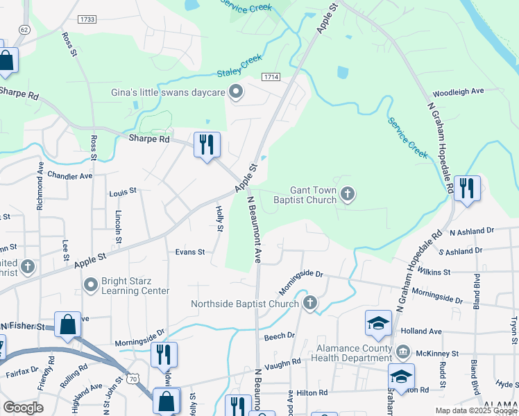 map of restaurants, bars, coffee shops, grocery stores, and more near 1035 Pinnix Loop in Burlington