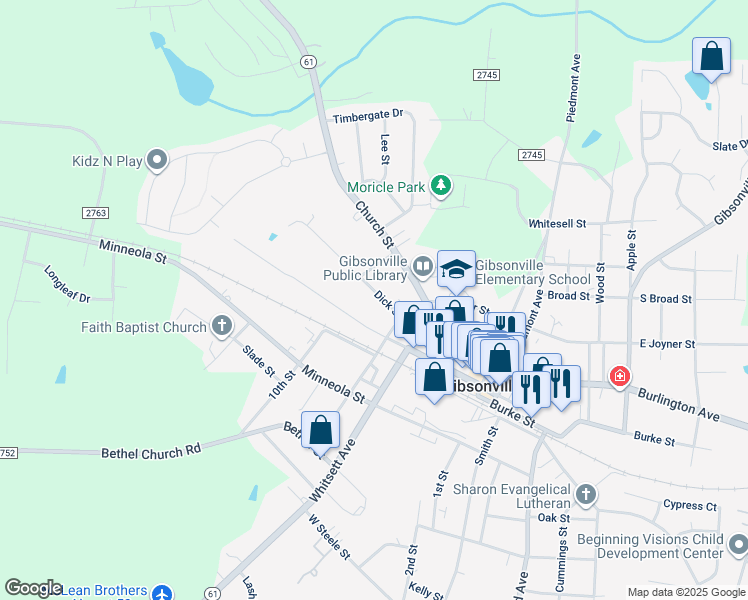 map of restaurants, bars, coffee shops, grocery stores, and more near 515 Dick Street in Gibsonville