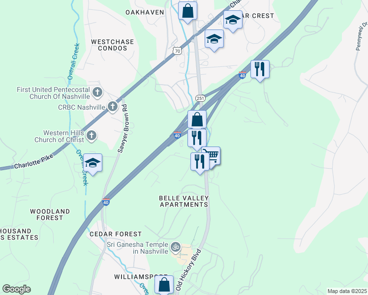 map of restaurants, bars, coffee shops, grocery stores, and more near 629 Old Hickory Boulevard in Nashville