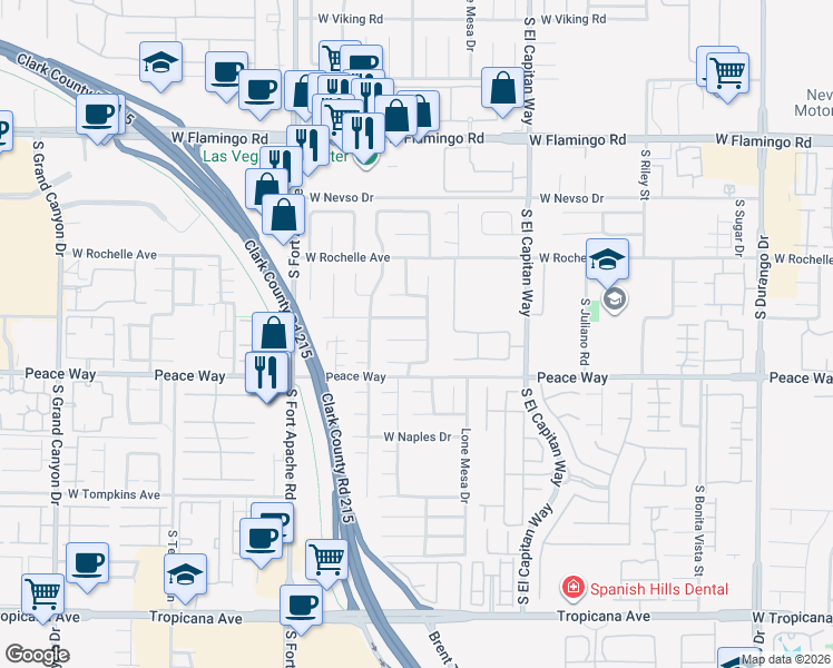 map of restaurants, bars, coffee shops, grocery stores, and more near 9160 Valley Spring Court in Las Vegas