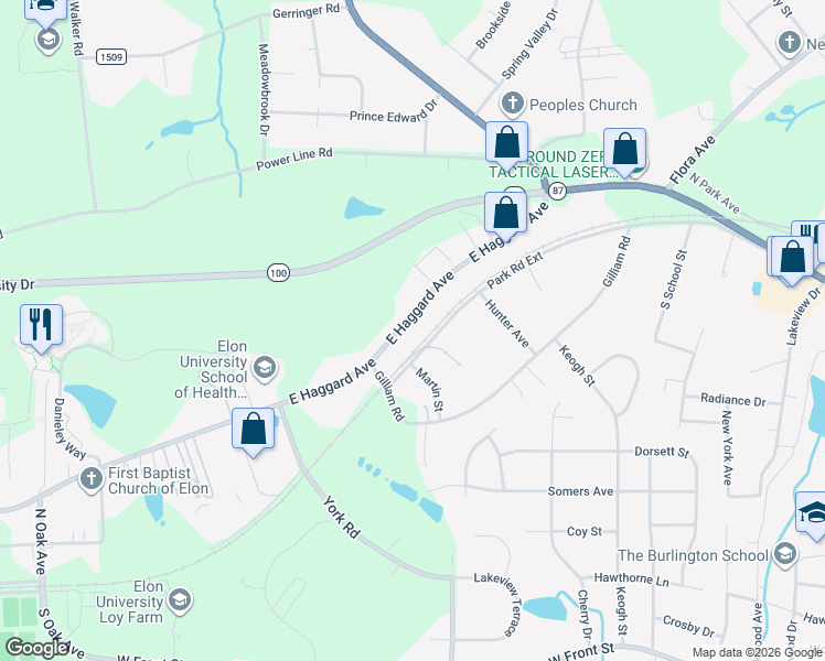 map of restaurants, bars, coffee shops, grocery stores, and more near 917 East Haggard Avenue in Elon
