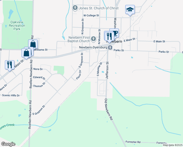 map of restaurants, bars, coffee shops, grocery stores, and more near in Newbern