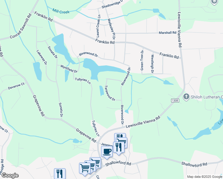 map of restaurants, bars, coffee shops, grocery stores, and more near Tarawood Drive in Lewisville
