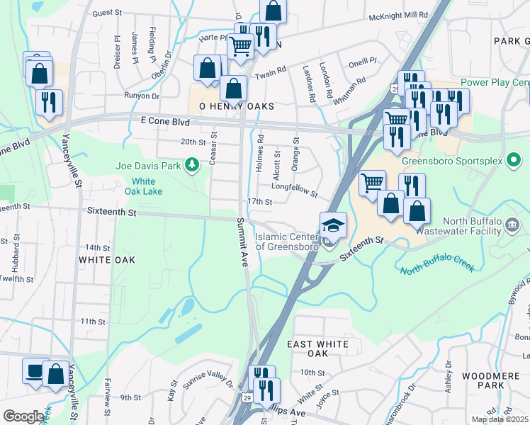 map of restaurants, bars, coffee shops, grocery stores, and more near 1604 17th Street in Greensboro