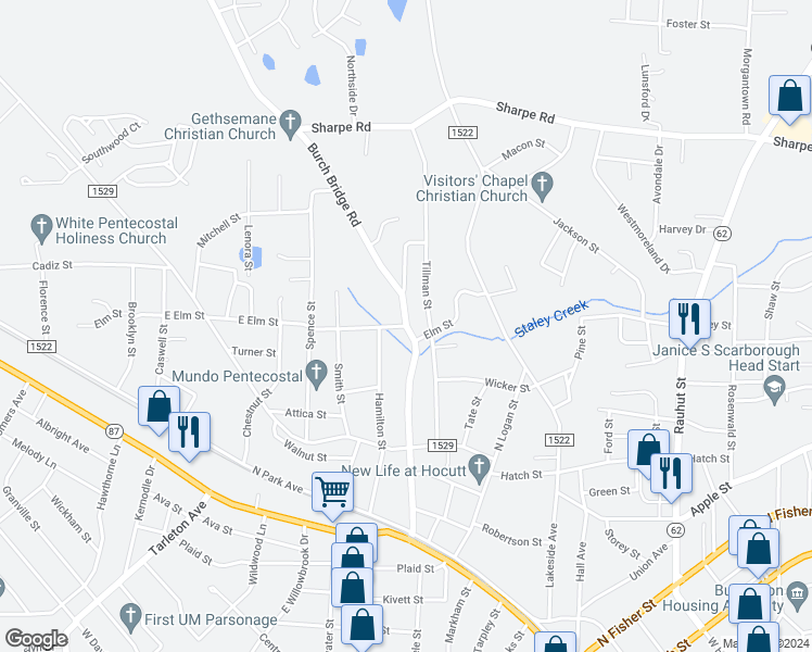 map of restaurants, bars, coffee shops, grocery stores, and more near Elmira St & Elm St in Burlington