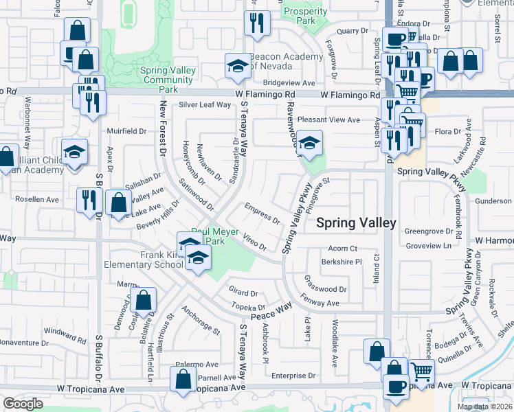 map of restaurants, bars, coffee shops, grocery stores, and more near 7312 Empress Drive in Las Vegas