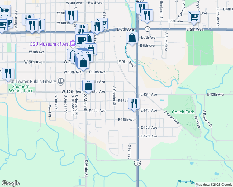map of restaurants, bars, coffee shops, grocery stores, and more near 1121 South Chester Street in Stillwater