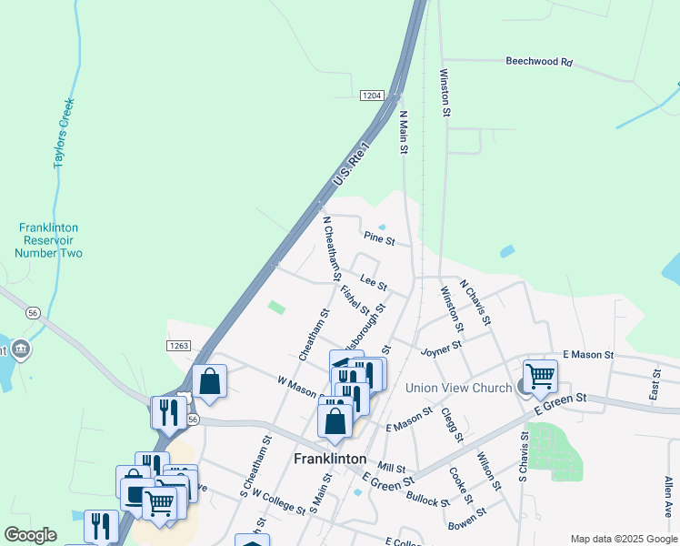 map of restaurants, bars, coffee shops, grocery stores, and more near 308 North Cheatham Street in Franklinton