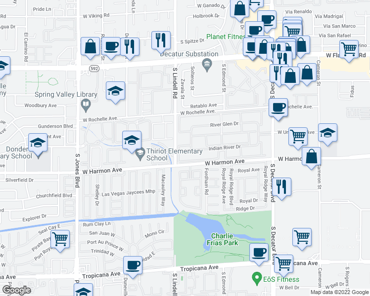 map of restaurants, bars, coffee shops, grocery stores, and more near 5427 Indian River Drive in Las Vegas