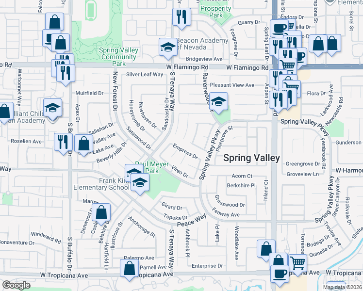 map of restaurants, bars, coffee shops, grocery stores, and more near 7312 Empress Drive in Las Vegas