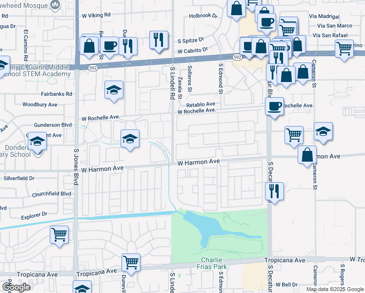 map of restaurants, bars, coffee shops, grocery stores, and more near 5427 Indian River Drive in Las Vegas