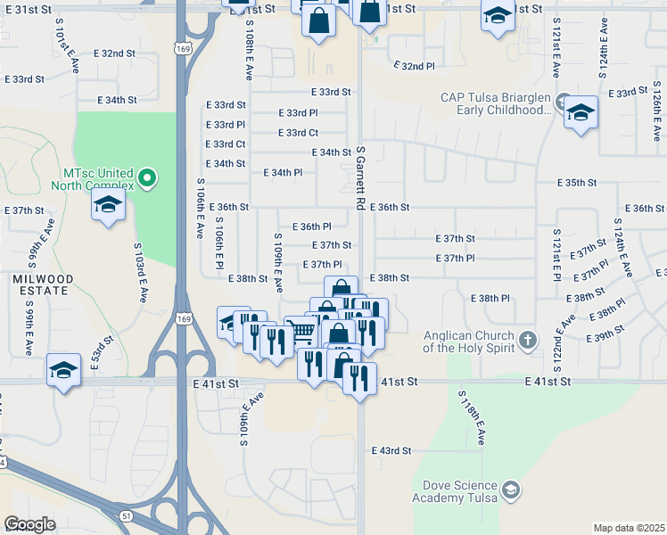 map of restaurants, bars, coffee shops, grocery stores, and more near 11040 East 37th Place in Tulsa