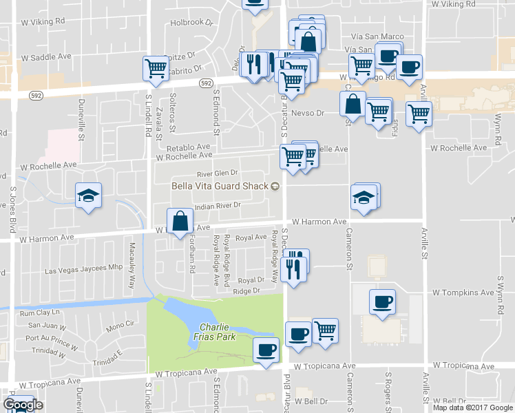 map of restaurants, bars, coffee shops, grocery stores, and more near 4410 Sandy River Drive in Las Vegas