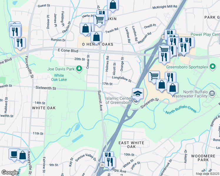 map of restaurants, bars, coffee shops, grocery stores, and more near 2701 Holmes Road in Greensboro
