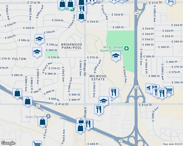 map of restaurants, bars, coffee shops, grocery stores, and more near 98 East 37th Court in Tulsa