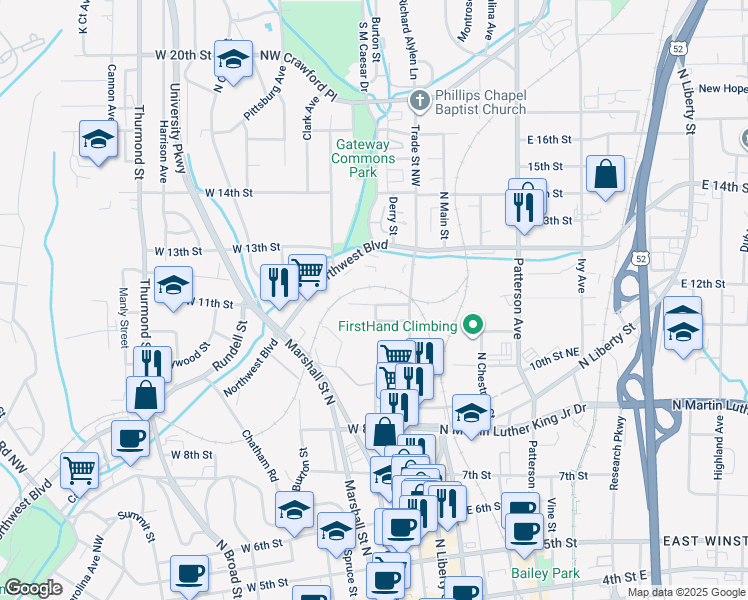 map of restaurants, bars, coffee shops, grocery stores, and more near 221 12th Street West in Winston-Salem