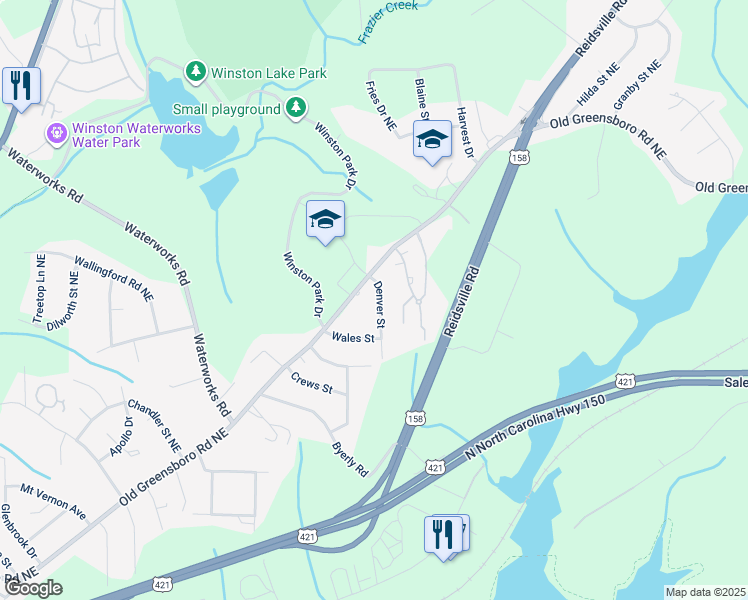 map of restaurants, bars, coffee shops, grocery stores, and more near 3645 Denver Street in Winston-Salem
