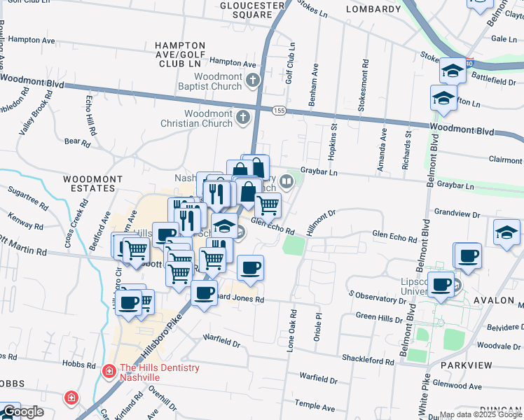 map of restaurants, bars, coffee shops, grocery stores, and more near 3710 Hillsboro Pike in Nashville