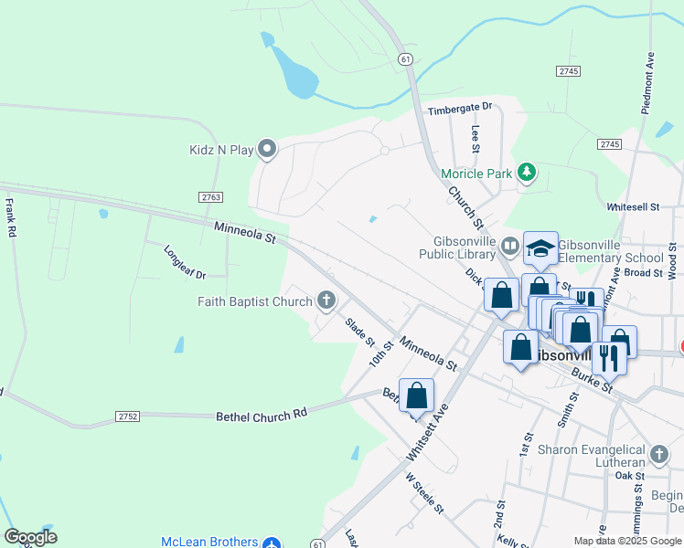 map of restaurants, bars, coffee shops, grocery stores, and more near 608 West Minneola Street in Gibsonville