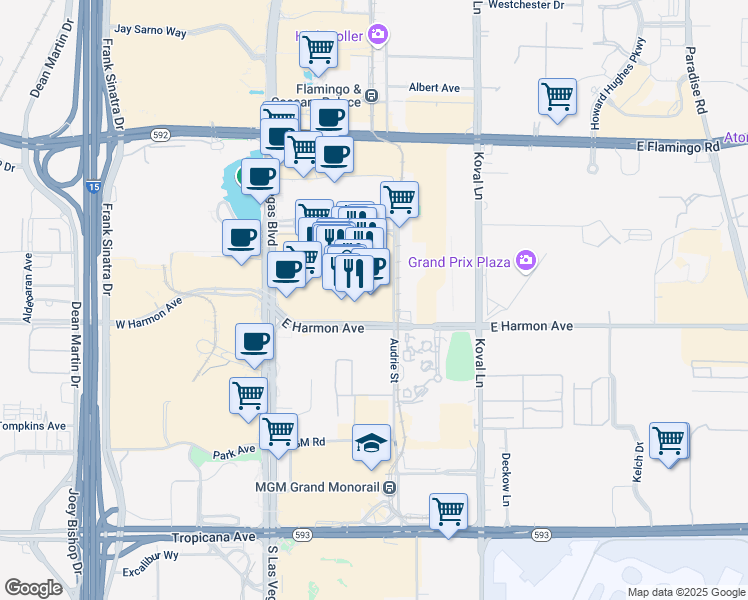 map of restaurants, bars, coffee shops, grocery stores, and more near 200 Audrie Street in Las Vegas