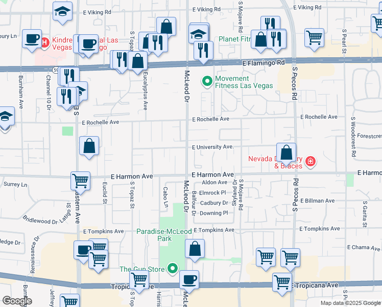 map of restaurants, bars, coffee shops, grocery stores, and more near 4413 Live Oak Drive in Las Vegas