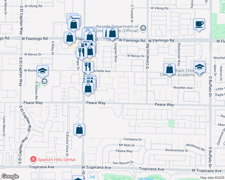 map of restaurants, bars, coffee shops, grocery stores, and more near 8501 West University Avenue in Las Vegas
