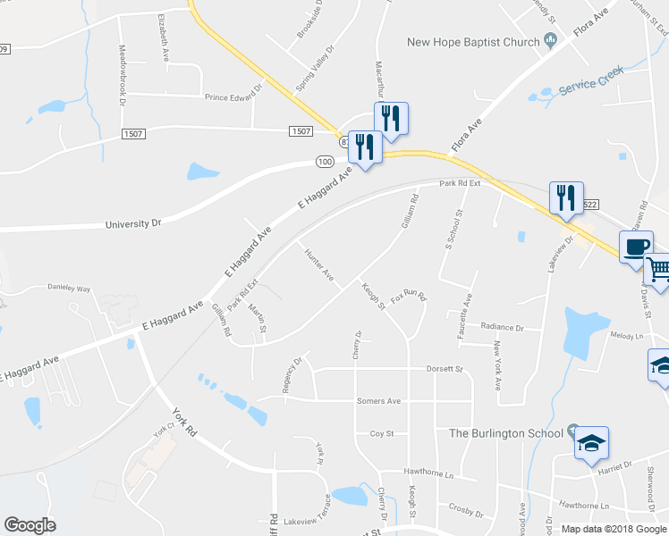 map of restaurants, bars, coffee shops, grocery stores, and more near 152 Hunter Avenue in Elon