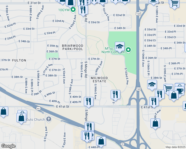 map of restaurants, bars, coffee shops, grocery stores, and more near 98 East 37th Court in Tulsa