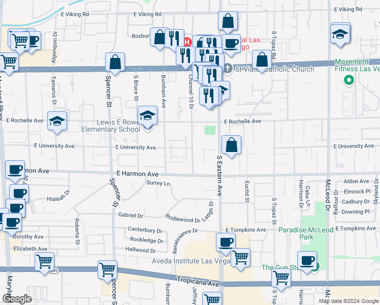 map of restaurants, bars, coffee shops, grocery stores, and more near 4420 Woodpine Drive in Las Vegas